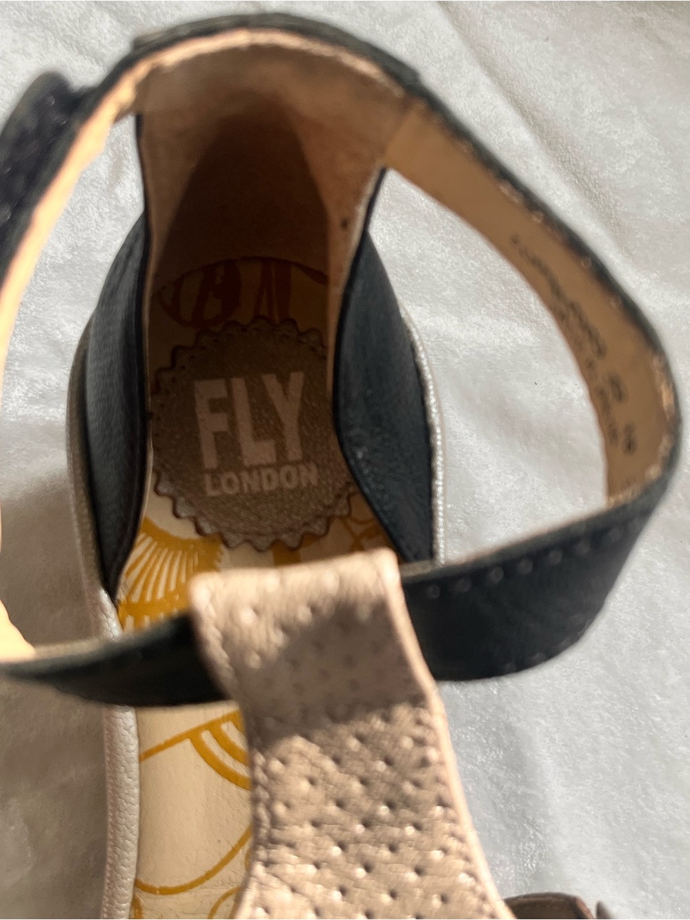 Fly London Metallic Gold $240 Perforated Wedge Sandals with Black Ankle Strap - Picture 7 of 10